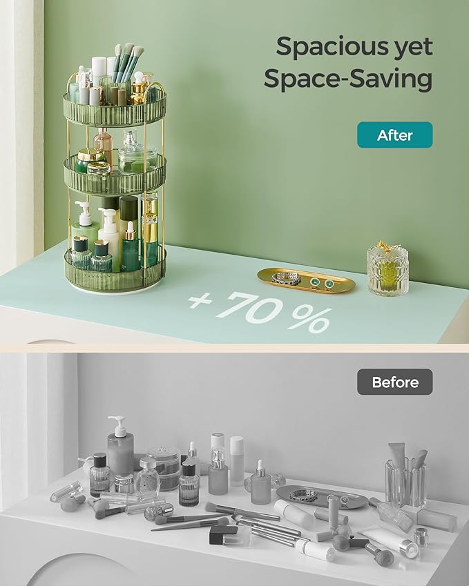 SONGMICS Makeup Organizer, 3-Tier Round Rotating Skincare Organizer Countertop, Customizable, Toiletries Vanity Organizer, Lazy Susan, Gift, Pale Green UJKA011C01