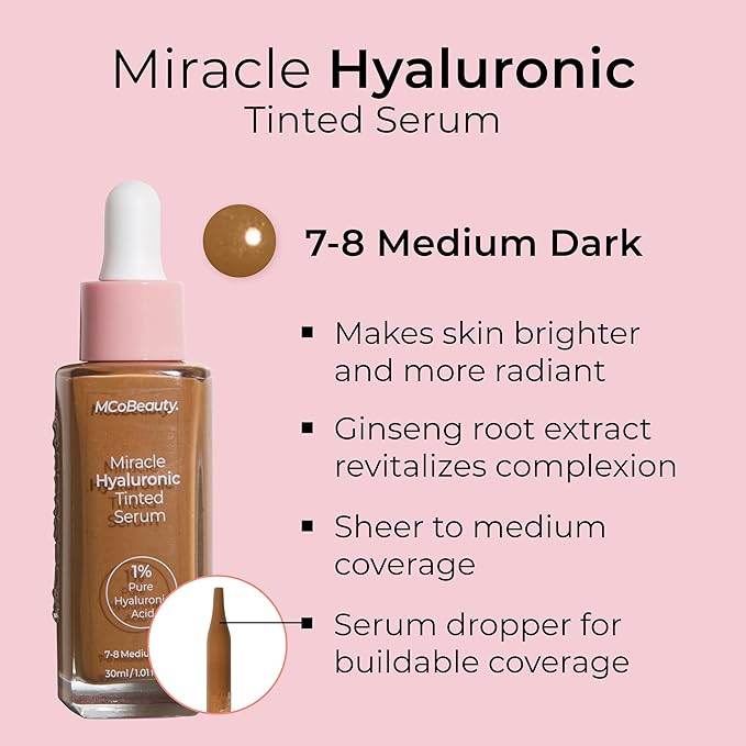 MCoBeauty Miracle Hyaluronic Tinted Serum, 7-8 Medium Dark, Free Cosmetics