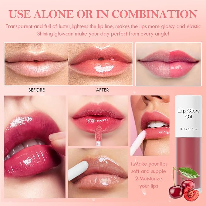 2Pcs Hydrating Lip Glow Oil,Plumping Lip Gloss,Moisturizing Transparent and Nourishing Non-stick Cup Fruit Flavored Lip Oil for Reducing Lip Lines and Lip Care(01#+07#)