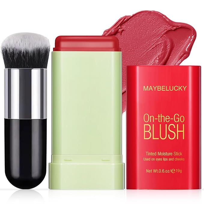 Cream Blush Stick for Cheeks, Multi-Use Makeup Blush Brush-Hot Red