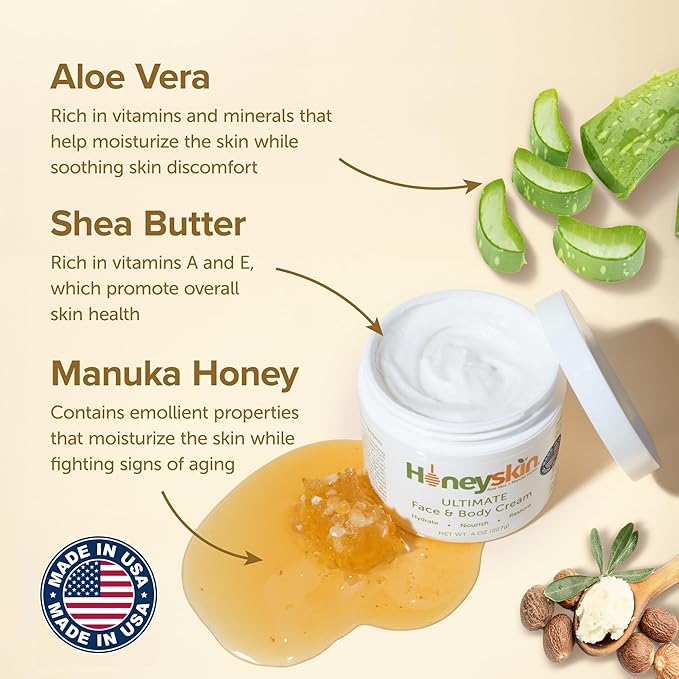 Hydrating Face Moisturizer & Body Cream with Manuka Honey Cream - Organic Face Moisturizer with Honey for Extremely Dry Skin - for Dry & Itchy Skin, Rosacea & Eczema Prone Skin 8oz