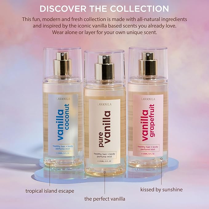 Lavanila Pure Vanilla Healthy Hair + Body Perfume Mist, 5 Fl Oz - Sweet & Warm Fragrance Spray Formulated with Jojoba Oil, Madagascar Vanilla, Tonka Bean, Heliotrope