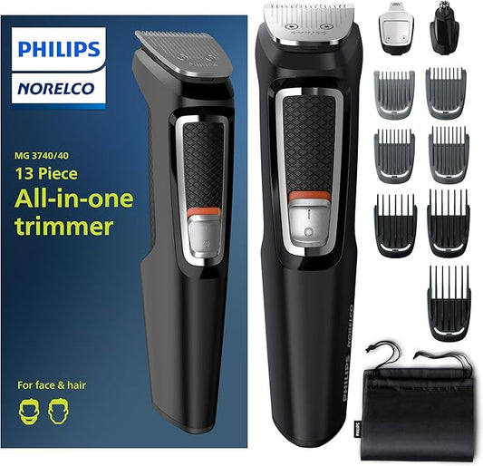 Norelco Philips Multi Groomer All-in-One Trimmer Series 3000-13 Piece Mens Grooming Kit for Beard, Face, Nose, Ear Hair Trimmer and Hair Clipper - NO Blade Oil Needed, MG3740/40