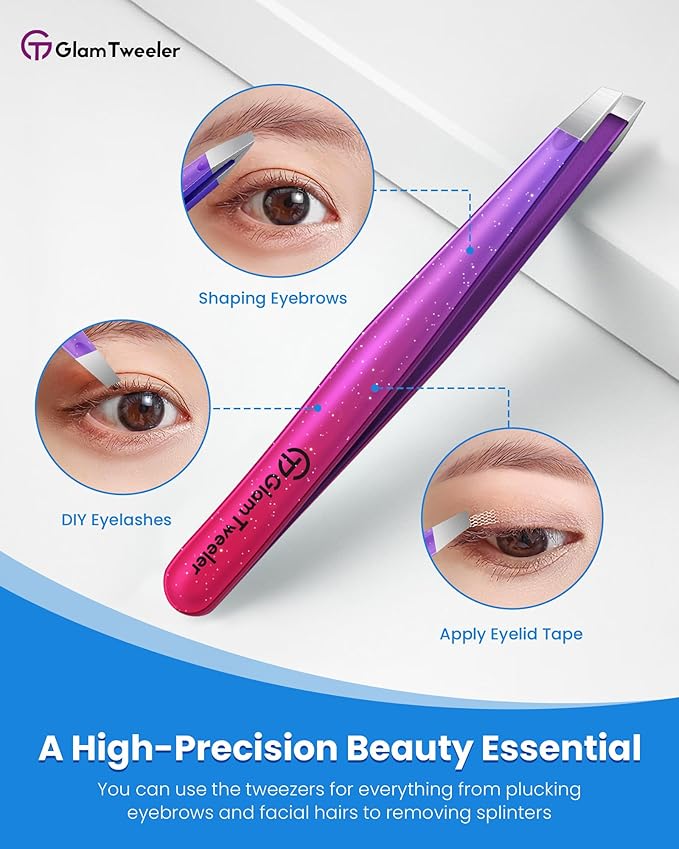 Expert Slant Tip Tweezers with Leather Travel Case, GlamTweeler Sharp & Precision Stainless Steel Tweezer for Eyebrows, Facial Hair and Fine Hairs Removal (Sparkle Deep Violet & Lavender)