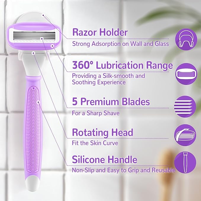 DreamGenius Razors for Women Include 2 Non-Slip Handles and 14 Blade Refills with a Shower Holder, 5 Premium Blades Women's Razors for Shaving with 360° Lubrication Reduces Irritation, Purple