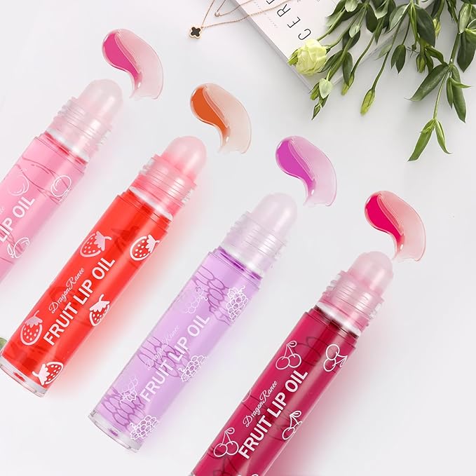 4-Piece Lip Gloss Set for Girls - Roll-On Lip Oil, Long Lasting Lip Care, Shining Clear Hydrating Glossy Tinted Balm