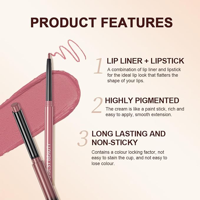 QiBest Nude Rose Pink Cream Lipstick with Lip Liner Makeup Set for Women, Soft Matte Lip Stick Silk Finish with LipLiner Pencil 24 Hours Original Waterproof Labials, Velvety & Non-Drying Formula