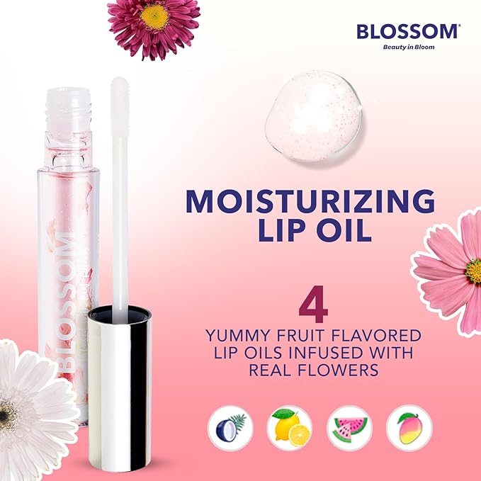Blossom Moisturizing and Hydrating Shimmer Sparkle Lip Oil with Olive Oil + Grape Seed Oil, Infused with Real Flowers, 6g, Holiday Stocking Stuffer, 2 pack, Coconut/Watermelon