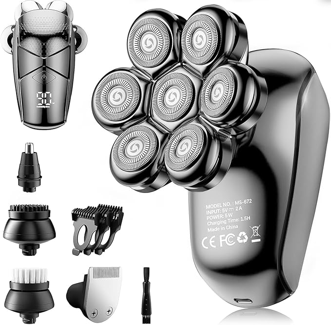 Detachable Head Shavers, SHPAVVER 5 in 1 Electric Razor IPX7 Waterproof for Bald Men, Wet Dry LED Display Rechargeable 7D Rotary Shaver Grooming Kit with Type C Charge A，Gray Black