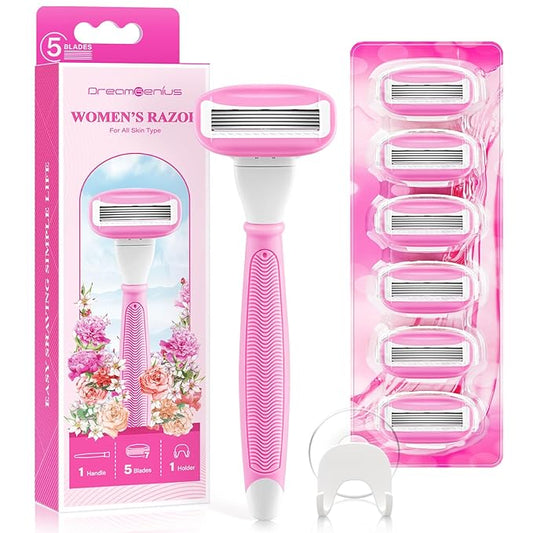 DreamGenius Razors for Women Include 1 Non-Slip Handles and 7 Blade Refills with a Shower Holder, 5 Premium Blades Women's Razors for Shaving with 360° Lubrication Reduces Irritation, Pink