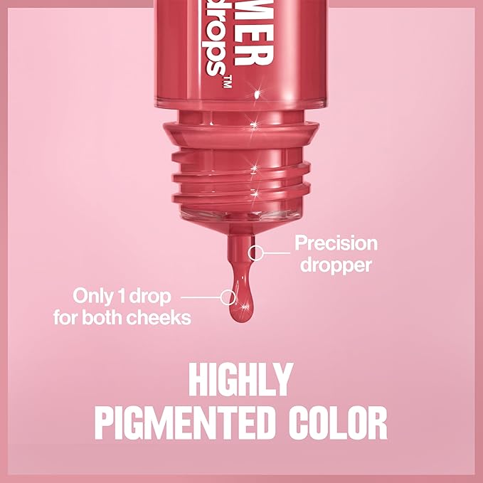 Revlon Glimmer Blush Drops, Liquid Blush for Cheeks, Liquid to Velvety Powder Finish, Glowy, High Pigment, 103 Field of Roses, 0.32 fl oz