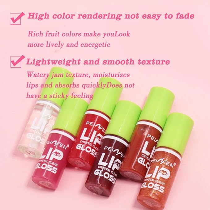 6 Pcs Colorful Fat Lip Oil Hydrating Lip Gloss Set with Long-lasting and Moisturizing Glass Water Lip Stain for Lip Care and Makeup