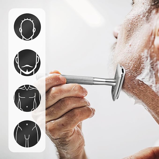 ZOMCHI Double Edge Safety Razor for Men & Women, Metal Razor with 5 Double Edge Safety Razor Blades, Single Blade Razor – Silver
