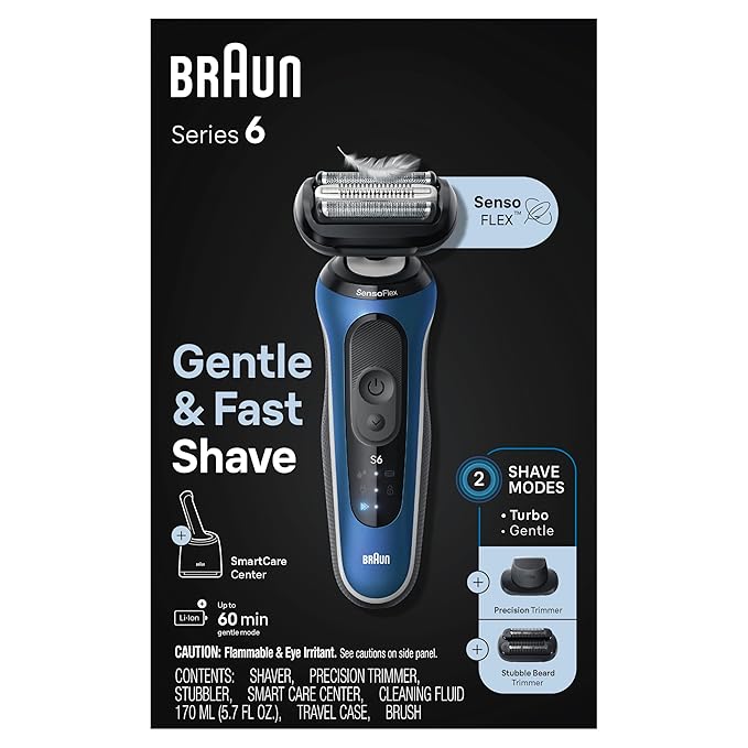Braun Electric Shaver for Men, Series 6 6177cc, Wet & Dry Shave, Turbo & Gentle Shaving Modes, Foil Shaver, Blue