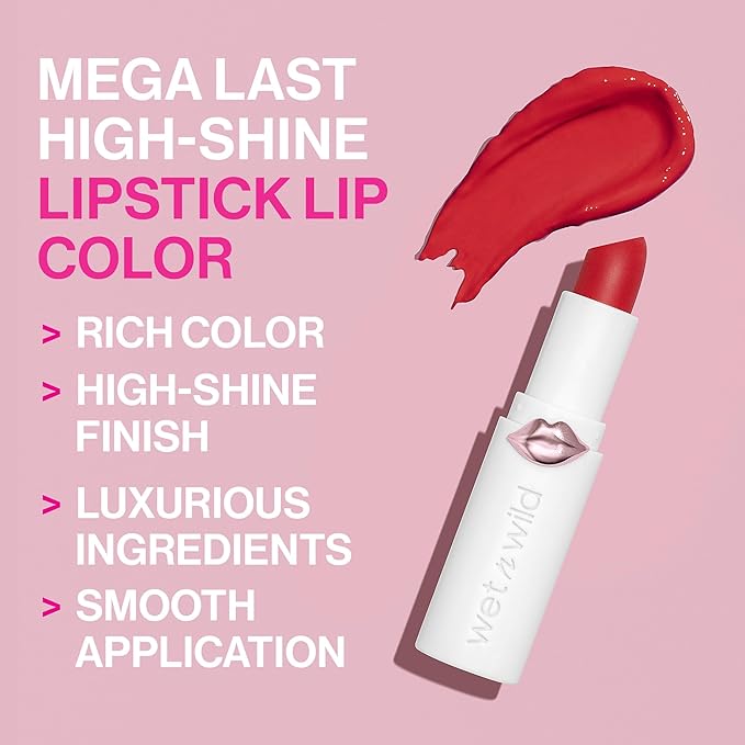 wet n wild Mega Last High-Shine Lipstick Lip Color, Infused with Seed Oils For a Nourishing High-Shine, Buildable & Blendable Creamy Color, Cruelty-Free & Vegan - Sangria Time