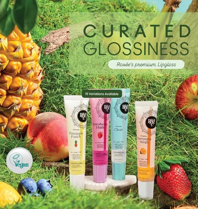 ROSÉE & CO Rosee Lip Gloss Vegan & Cruelty Free Treatment, Professional Make up, Long Lasting Glossy with Shea Butter, Moisturize, Protect & Smooth, High Shine, Non-Sticky (s. Sweet Banana, 0.5)