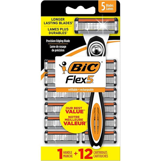BIC Flex 5 Refillable Razors for Men, Long-Lasting 5 Blade Razors for a Smooth and Comfortable Shave, 1 Handle and 12 Cartridges, 13 Piece Shaving Kit