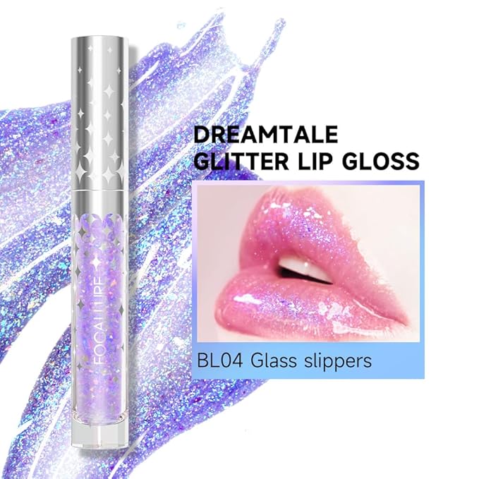 FOCALLURE Glitter Liquid Lipstick,Hydrating,Moisturizing Lip Gloss for Women,Sparkly Shimmer Lip Makeup,Long Lasting,Lightweight Formula for Lip Color and Shine,Glass slippers