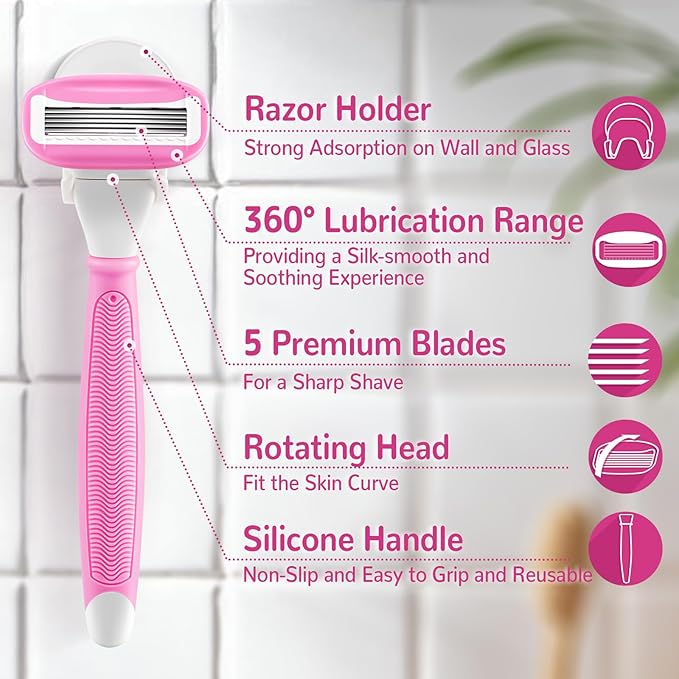 DreamGenius Razors for Women Include 2 Non-Slip Handles and 14 Blade Refills with a Shower Holder, 5 Premium Blades Women's Razors for Shaving with 360° Lubrication Reduces Irritation, Pink