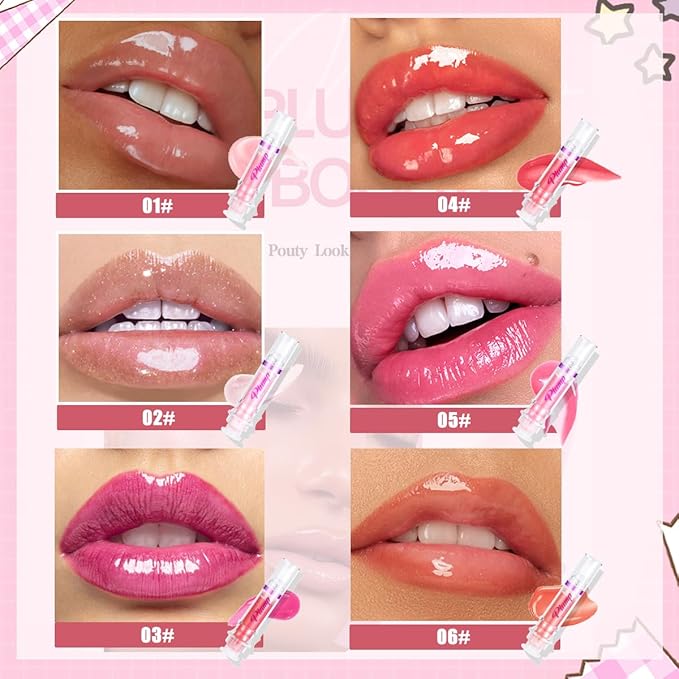6 Colors Lip Plumper, Hydrating & Smooth Wrinkles, Enhancing Plump Effect for Fuller Lips, High Shine Glaze, Long Lasting Nourishing for Women Girls (# 02)