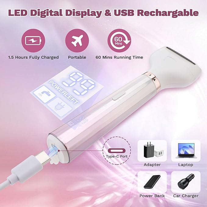 Electric Razors Shavers for Women, Bikini Trimmer 5 in 1 Electric Shaver Razor for Women, Wet/Dry Face Razors for Face Nose Eyebrow Arms Armpit Legs Pubic Area Painless Facial Hair Removal for Women