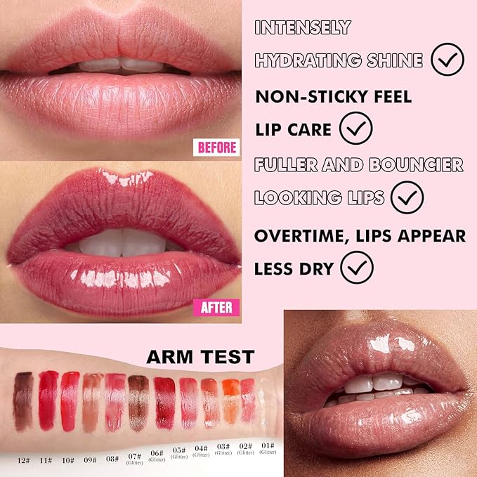 Lip Plumper Gloss Glitter Tinted Plumping Lip Gloss For Women Hydrating Long Lasting Shimmer Moisturizing Glossy Non Sticky Lip Gloss (02#)