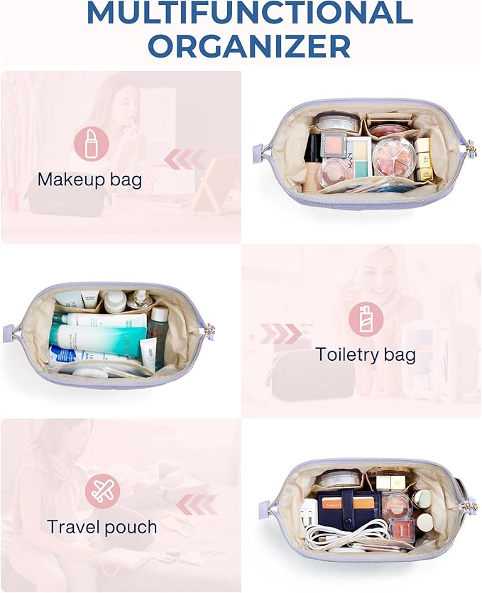 BAGSMART Makeup Bag Cosmetic Bag Wide Open, Purple, M, Wide-open Travel Makeup Bag With Puffy Padded and Rectangular Quilted