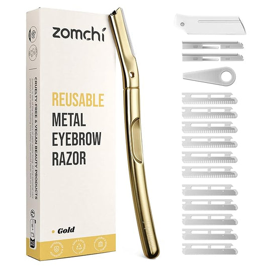 ZOMCHI Dermaplane Razor with 11 Blades for Women & Men, Eyebrow Trimmer with Protective Silicone Cap, Face Razor for Hair Removal - Matte Gold