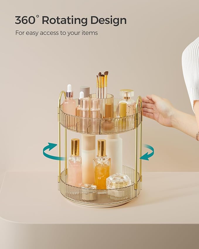 SONGMICS Makeup Organizer, 2-Tier Round Rotating Skincare Organizer Countertop, Customizable, Toiletries Vanity Organizer, Lazy Susan, Gift, Champagne Gold UJKA012A01