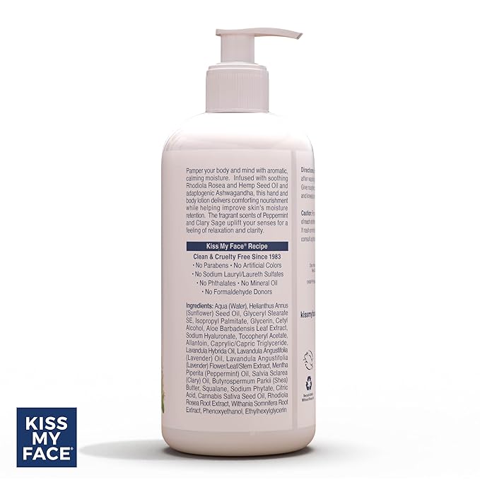 Kiss My Face De-Stress Hand & Body Lotion - Peppermint + Clary Sage - Soothing Rhodiola Rosea - With Hemp Seed Oil & Ashwagandha - Vegan & Cruelty-Free - 16 fl oz Bottle