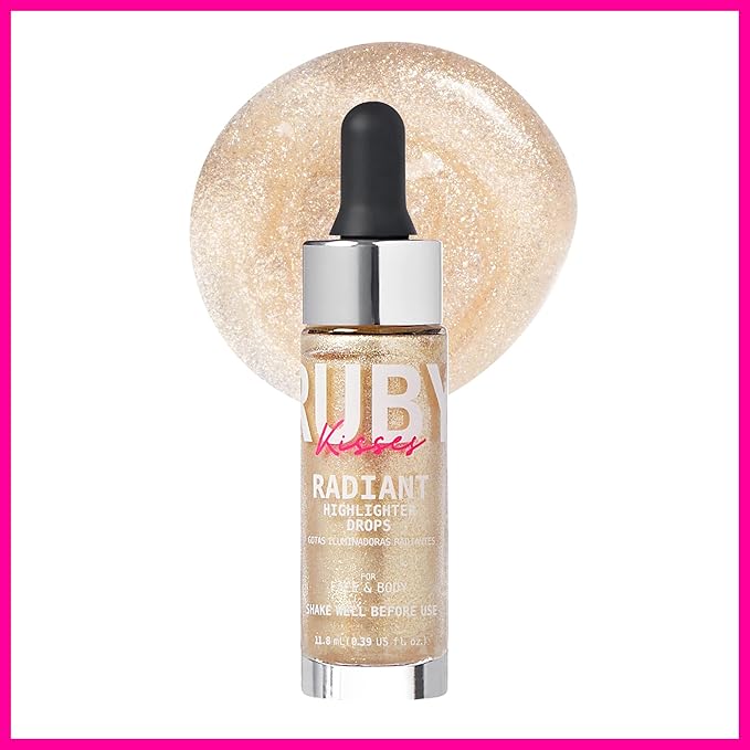 Ruby Kisses Radiant Drops, Shimmer Liquid Highlighter Makeup, Skin (CHAMPANGE)