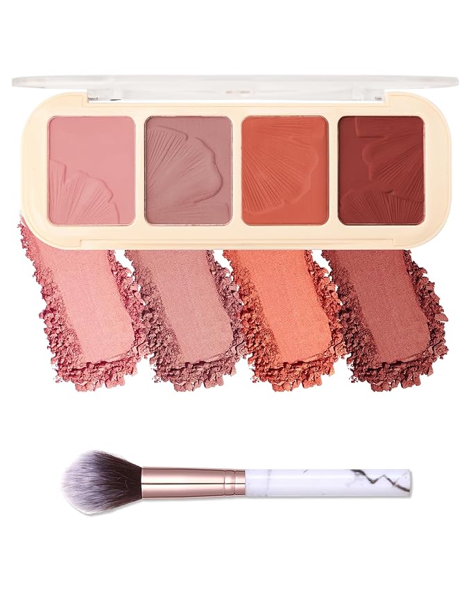 Matte Face Blush Palette Kit with Brush-4 Colors Pink Purple Orange Silky Mineral Blendable Blusher Contour Powder for Cheeks,Longlasting Professional Facial Beauty Makeup Gift for Women Girl-Set 01