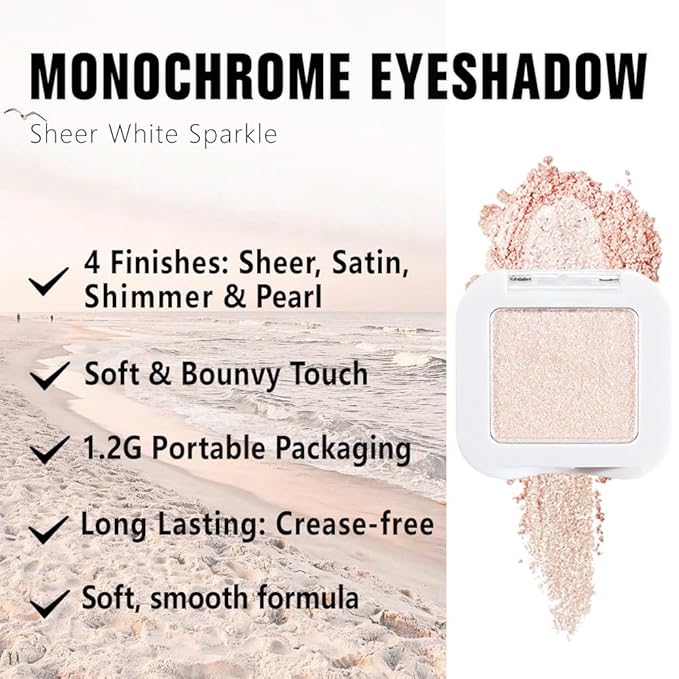 Kaely Pressed Single Eyeshadow Makeup, Sheer White Sparkle Highly Pigmented Monochrome Eye Shadow Palette, Waterproof Neutral Powde Mini Eyeshadow, sombras para ojos, Lightweight Blendable, 02