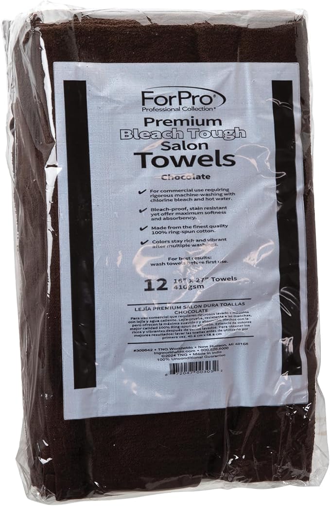 ForPro Premium Bleach Tough Salon Towels, Chocolate, 100% Cotton, Bleach-Proof Towels, Stain Resistant, 16” W x 27” L, 12-Count