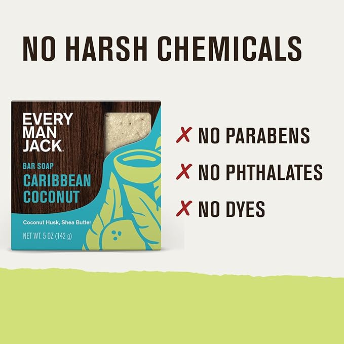 Every Man Jack Cold Processed Mens Bar Soap - Tropical Caribbean Coconut Scent - Deeply Cleans & Hydrates w/Naturally Derived Ingredients - (3 Pack)