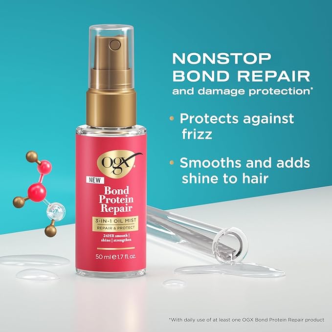 OGX Repair & Protect Bond Protein Repair 3-in-1 Oil Mist, Multi-Benefit Hair Oil Protects Dry, Damaged Hair Against Frizz, Strengthens, & maintains Shine, 1.7 fl. oz