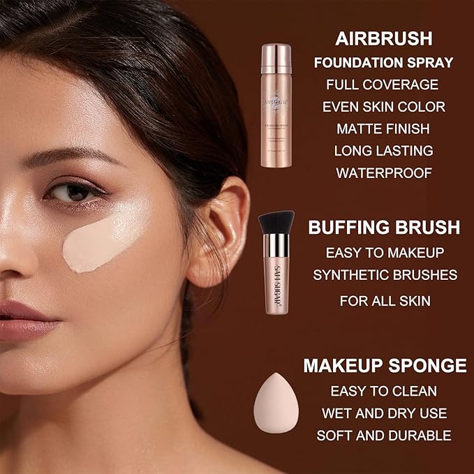 AirBrush Foundation Spray Set, Spray Foundation Makeup and Sunny Beige)