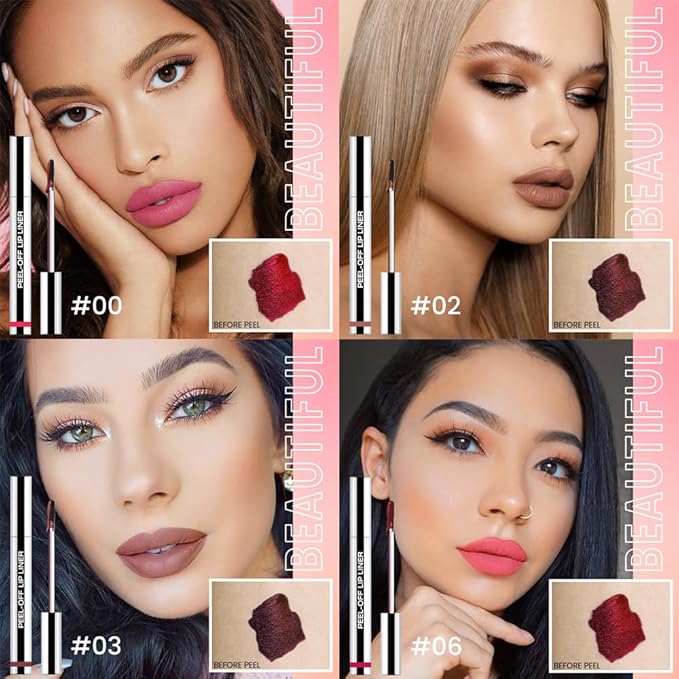 4 Pcs Matte Liquid Lip Stain Peel Off Lip Liner, Long Lasting Lip Tattoo, Waterproof & Transfer-Proof Lip Liner Peel Off Lip Gloss for All Skin Types.#00+#02+#03+#06