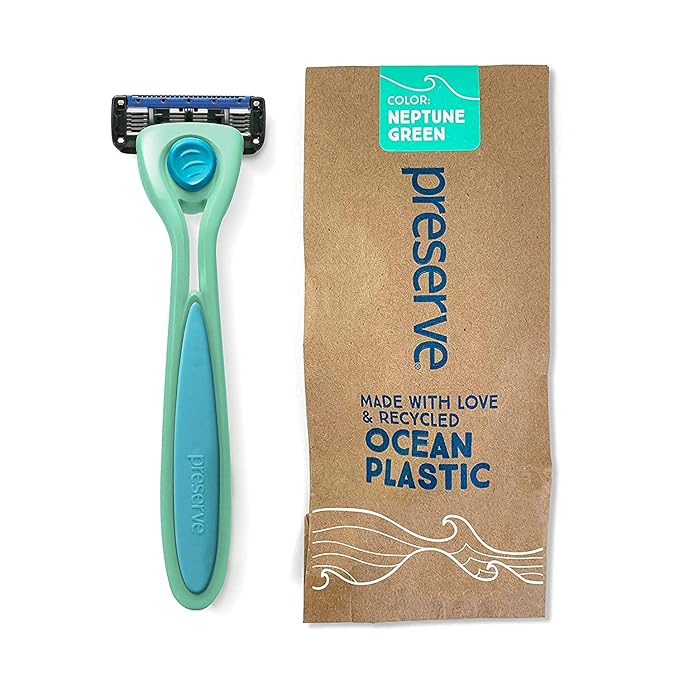Preserve POPi Shave 5 Razor System Made with Recycled Ocean Plastic and 5-blade cartridge, Neptune Green