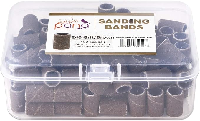 PANA 100 Pieces Nail Sanding Bands Professional Nail Manicure Great Fit for Nail Drill Bits for Acrylic Nails (240 Grit, Brown)