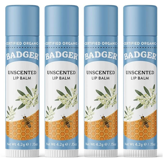 Badger Unscented Classic Lip Balm, 100% Organic Lip Balm for Sensitive Lips, Long Lasting Lip Moisturizer w/Light Silky Texture, 4 Pack