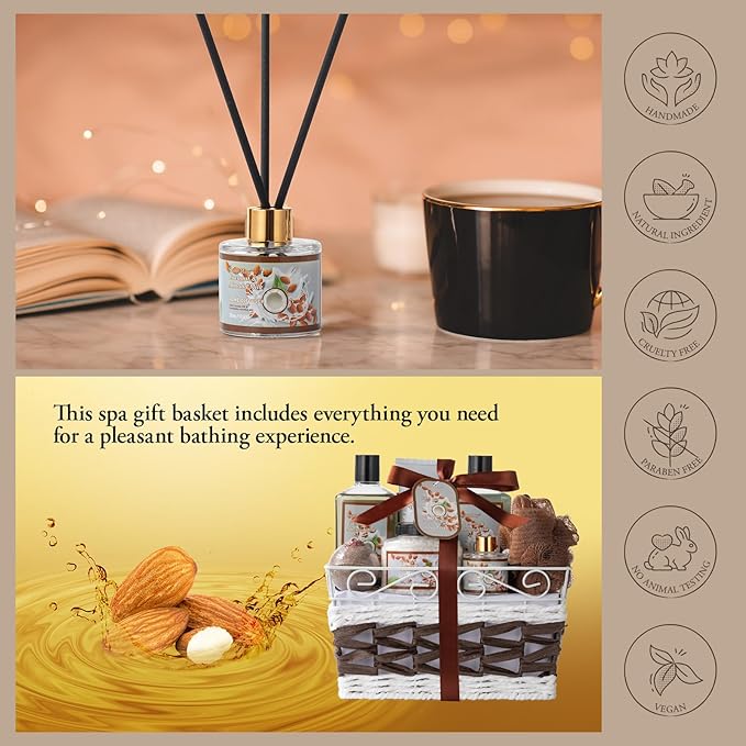 Fathers Day Gifts for Men for Dad Bath and Body Gift Basket For Women & Men Spa Gift Basket Coconut Almond 16 Pcs Bath Gift Set With Fragrant Lotion, Home Spa Luxurious Bath Body Oil, Diffuser & More