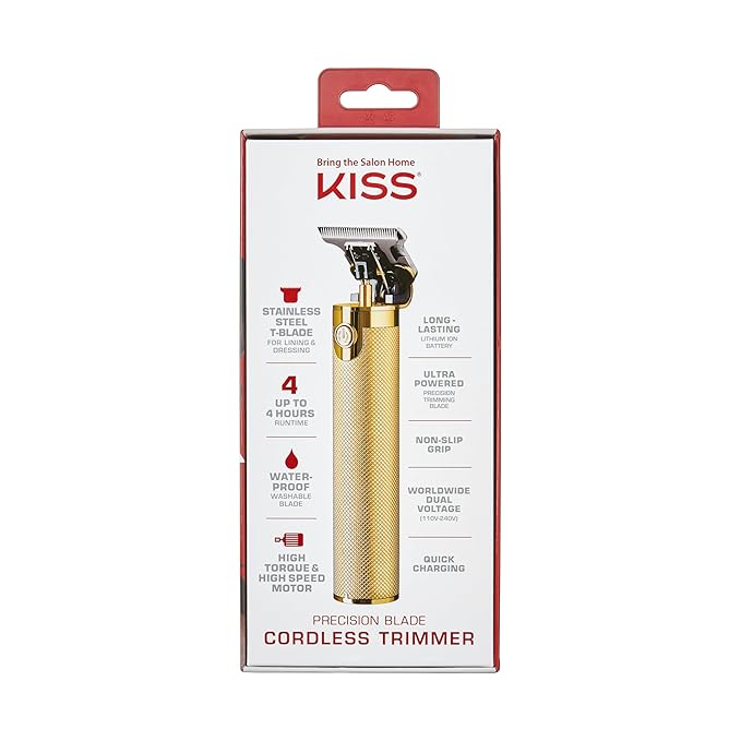 KISS Precision Blade Cordless Trimmer with Stainless Steel T-Blade, Powerful High-Torque, High-Speed Motor, 3 Blade Guard Attachments & Blade Cover, USB Cable & Long-Lasting Lithium Ion Battery