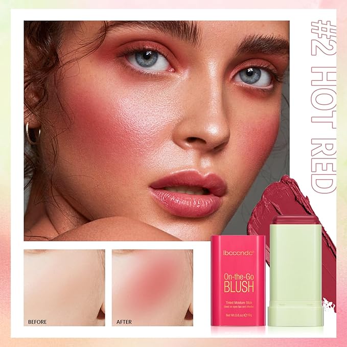MEICOLY Multi Use Makeup Blush Stick,On-the-Go 2-in-1 Lip Cheek Cream Blush Stick,Waterproof Solid Face Blush Makeup Cheek Tint,Natural Matte Blush Stick for Cheeks,Tinted Moisture Stick,02 Hot Red
