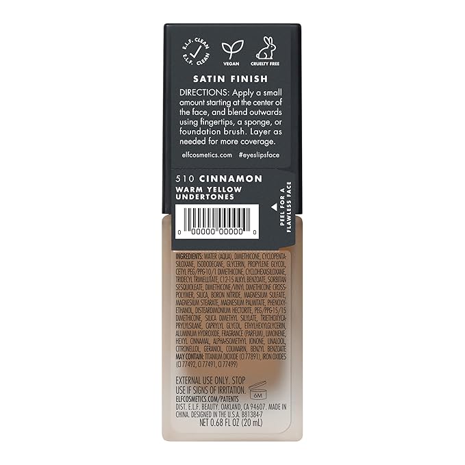 e.l.f. Flawless Satin Foundation, Lightweight & Medium Coverage, Semi-Matte Finish, Vegan & Cruelty-Free, Cinnamon, 0.68 Fl Oz (20mL)