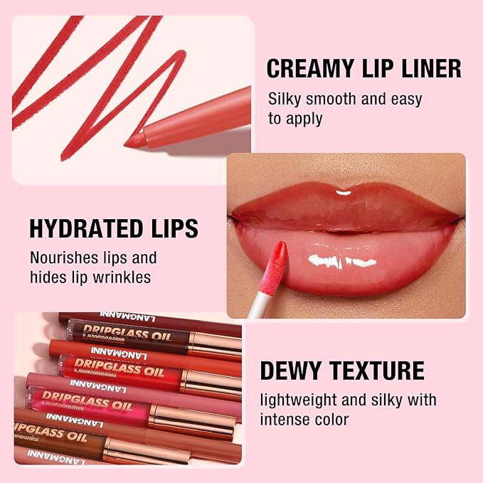 LANGMANNI 6 Matte Lip Liner With 6 Nourishing Lip Oil Lip Gloss Set, Long-Lasting And Hydrating 2 IN 1 Makeup Set, Beauty Daily Cosmetics Gift for Girls