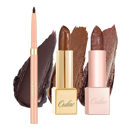 Oulac Lipstick & Lipliner Set 3PCS High Impact Lipcolor with Moisturizing Formula, Vegan Beauty, Full-Coverage Lip Color, Gift Lipstick for Women, 03+08+D06