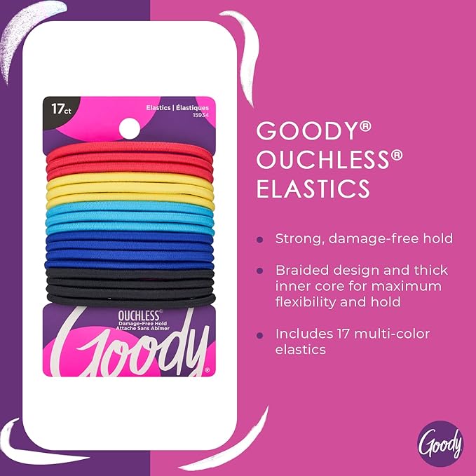 Goody Ouchless Elastic Hair Tie - 17 Count, Assorted Colors - 4MM for Medium Hair - Pain-Free Hair Accessories for Men, Women, Boys, and Girls - Perfect for Long Lasting Braids, Ponytails, (Pack of 3)