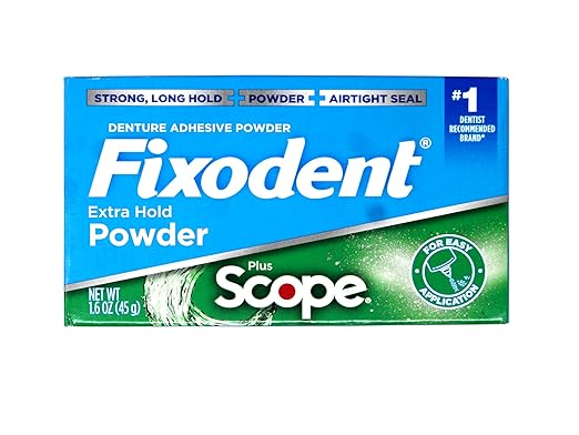 Fixodent Denture Adhesive Powder, Extra Strong, Plus Scope, Strong, Long Hold Powder, Airtight Seal, 1.6 OZ, Pack of 3