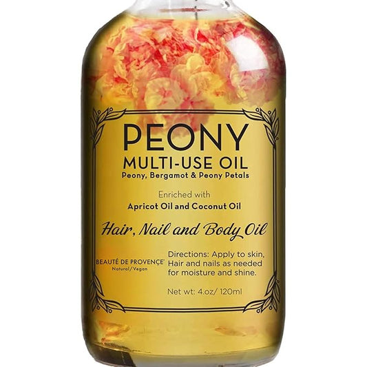 Peony Multi-Use Oil for Face, Body and Hair - Organic Blend of Apricot, Vitamin E Sweet Almond Oil for Dry Skin, Rose Petals & Bergamot Essential Oil - 4 Fl Oz